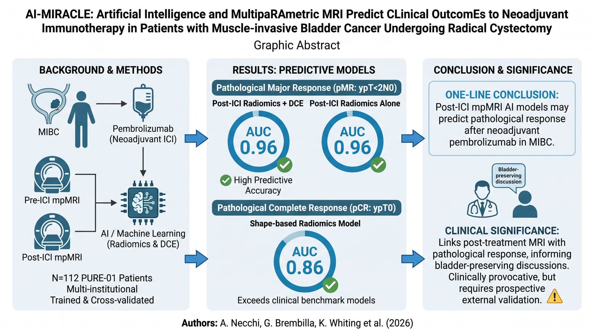 AI-MIRACLE：人工智慧與多參數 MRI 預測接受根除性膀胱切除之肌肉侵犯性膀胱癌患者對新輔助免疫治療的臨床結局 圖解