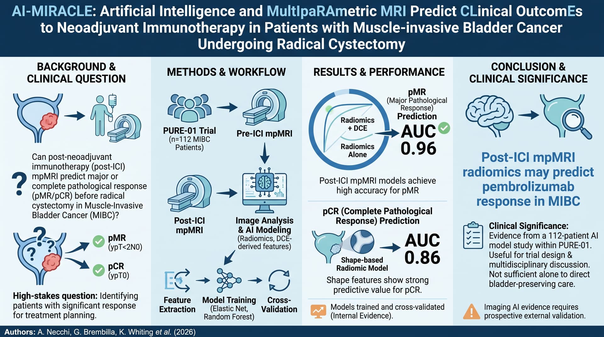 AI-MIRACLE:人工智慧與多參數 MRI 預測接受根除性膀胱切除之肌肉侵犯性膀胱癌患者對新輔助免疫治療的臨床結果 圖解