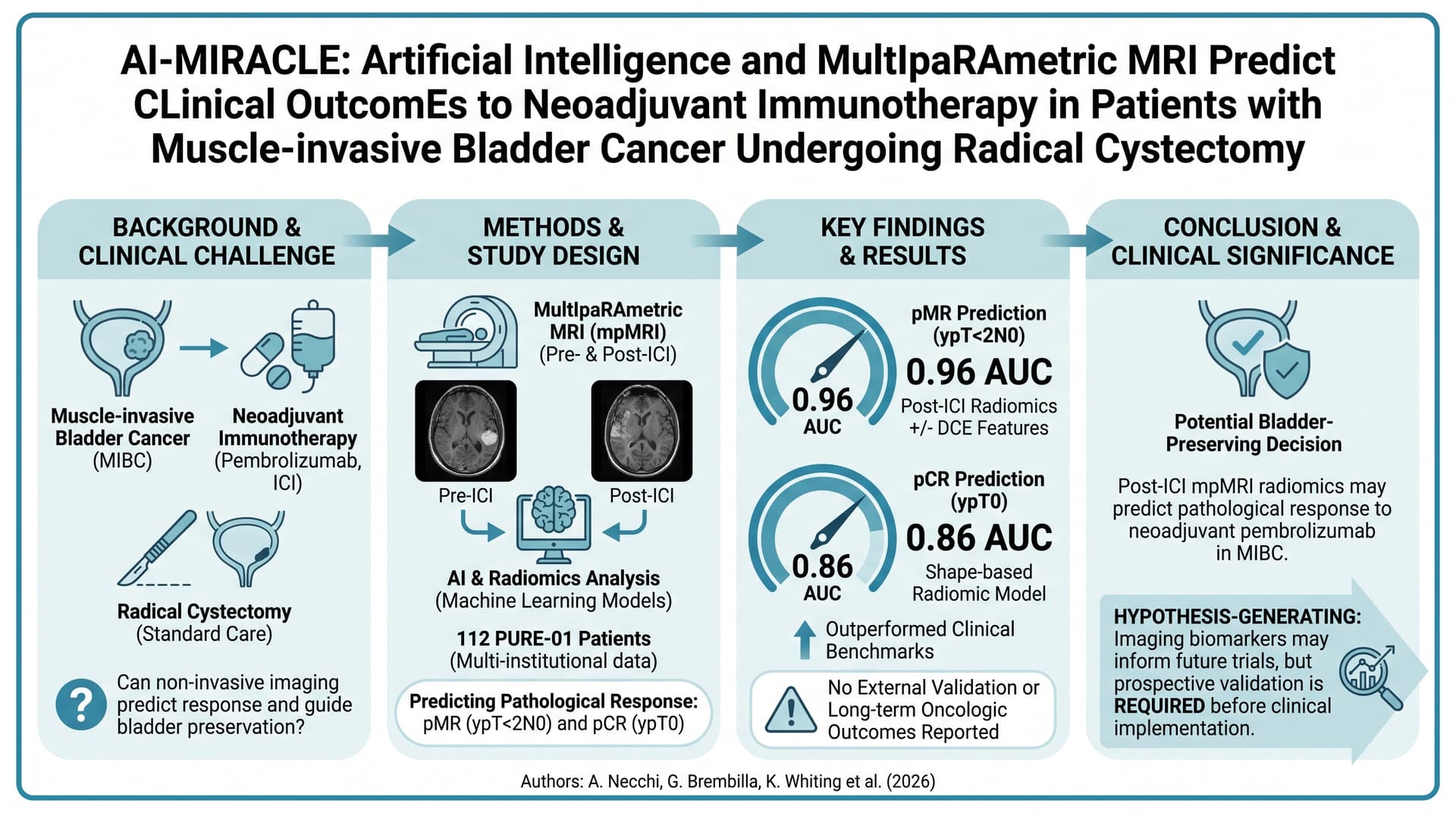 AI-MIRACLE:人工智慧與多參數 MRI 預測接受根除性膀胱切除之肌肉侵犯性膀胱癌患者對新輔助免疫治療的臨床結局 圖解